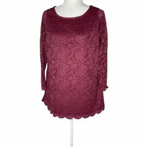 Roaman's Burgundy Lace Long Sleeved Scoop Neck Blouse Size 12